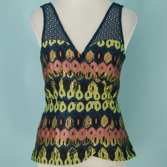 Anthropologie HD in Paris Yana Jacquard Peplum Top Blue Metallic Size 4 - Picture 4 of 16